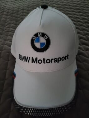 BMW White Cap with Blue & Black Logo and Tricolor Stripe